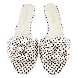 Chanel 24P Black White Camellia Flower Polka Dot CC Logo Mule Slide Sandal 38